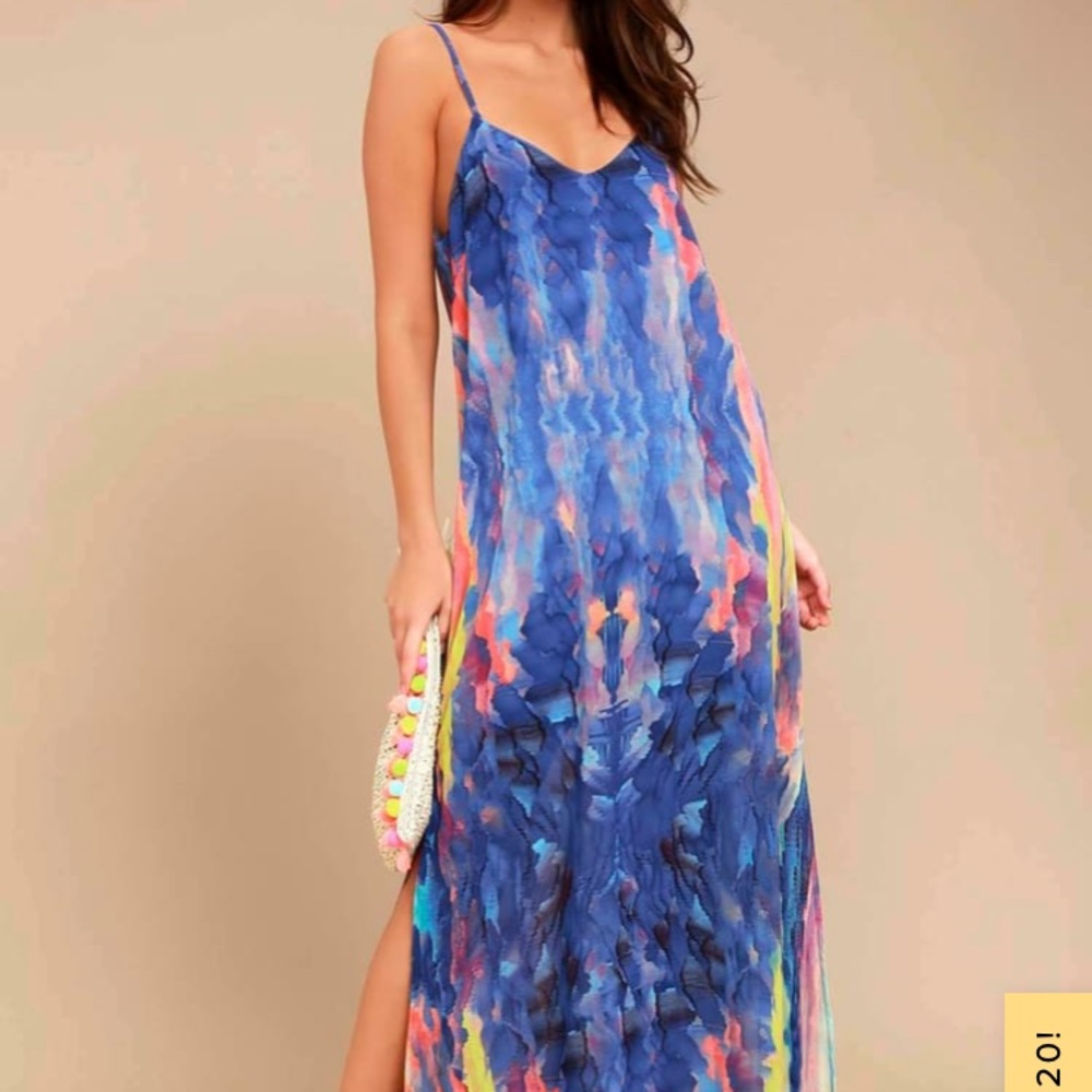 Flying Watercolors Royal Blue Print Maxi Dress